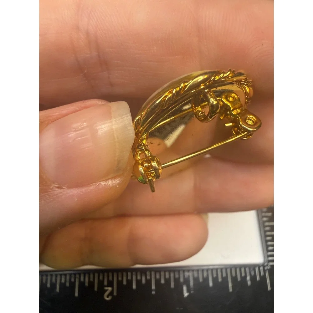 Vintage Gold Tone Amber Resin Cameo Brooch Pendant Left Facing Female Profile